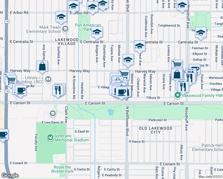 map of restaurants, bars, coffee shops, grocery stores, and more near 5342 East Village Road in Long Beach