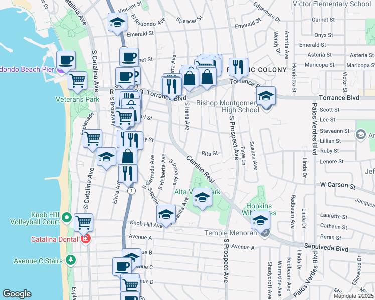 map of restaurants, bars, coffee shops, grocery stores, and more near 526 South Irena Avenue in Redondo Beach