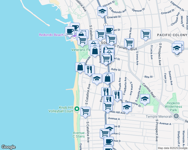 map of restaurants, bars, coffee shops, grocery stores, and more near 518 South Catalina Avenue in Redondo Beach