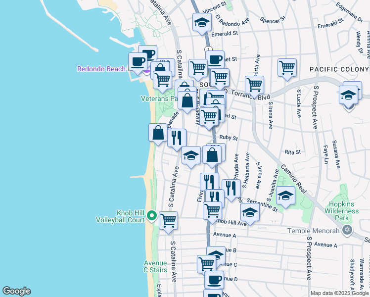 map of restaurants, bars, coffee shops, grocery stores, and more near 518 South Catalina Avenue in Redondo Beach