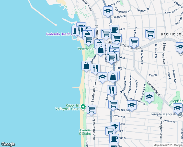 map of restaurants, bars, coffee shops, grocery stores, and more near 524 Esplanade in Redondo Beach