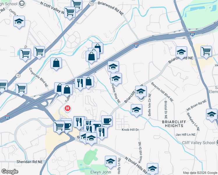 map of restaurants, bars, coffee shops, grocery stores, and more near 1214 Westchester Ridge Northeast in Atlanta
