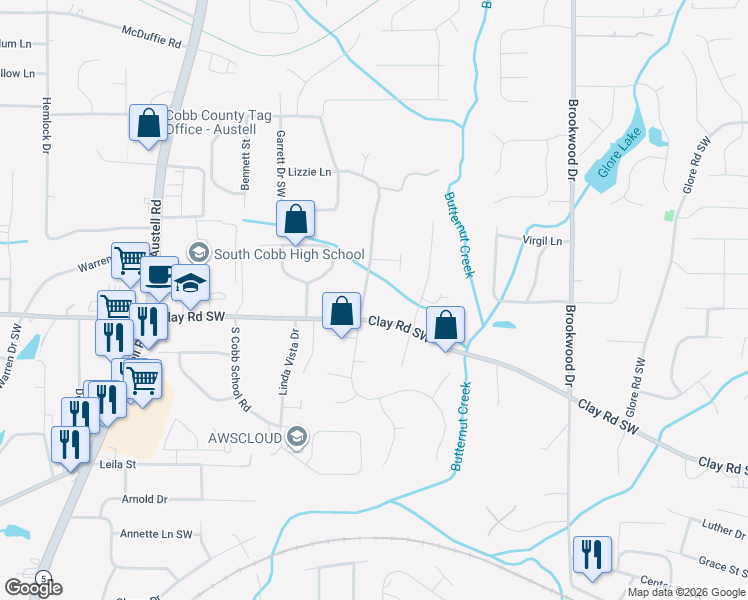 map of restaurants, bars, coffee shops, grocery stores, and more near 1628 Seayes Road Southwest in Mableton