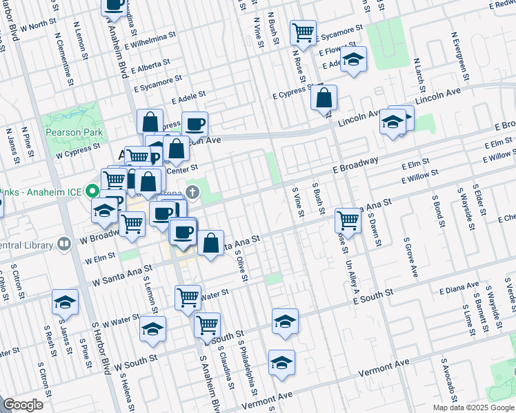 map of restaurants, bars, coffee shops, grocery stores, and more near 315 South Kroeger Street in Anaheim