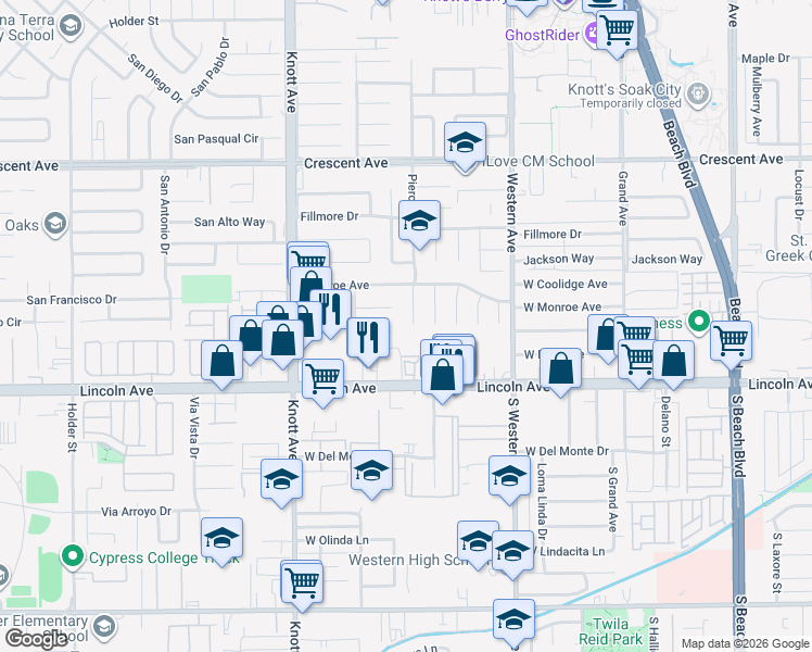 map of restaurants, bars, coffee shops, grocery stores, and more near 8881 Pierce Drive in Buena Park