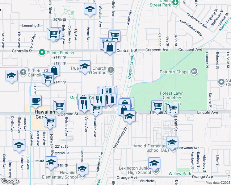 map of restaurants, bars, coffee shops, grocery stores, and more near 21418 Bloomfield Avenue in Lakewood