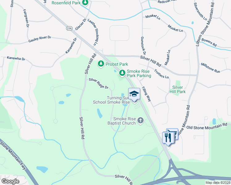 map of restaurants, bars, coffee shops, grocery stores, and more near 5568 Silver Ridge Drive in Stone Mountain