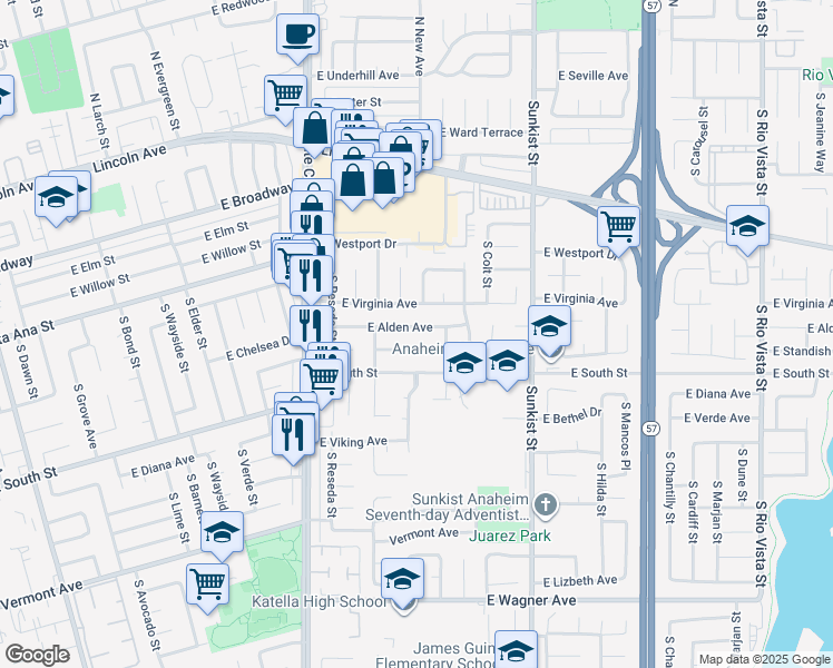 map of restaurants, bars, coffee shops, grocery stores, and more near 2234 East Alden Avenue in Anaheim