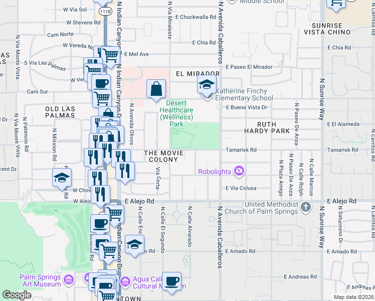 map of restaurants, bars, coffee shops, grocery stores, and more near 735 Tamarisk Road in Palm Springs