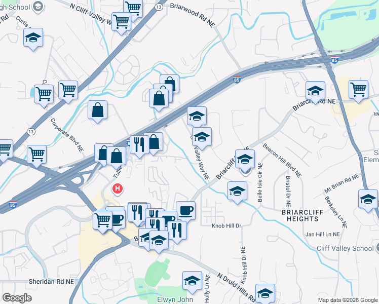 map of restaurants, bars, coffee shops, grocery stores, and more near 1214 Westchester Ridge Northeast in Atlanta