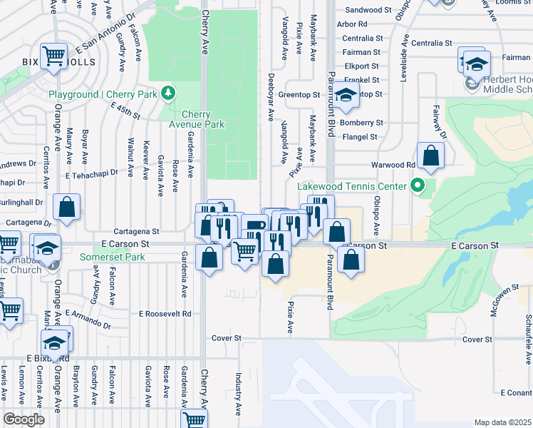map of restaurants, bars, coffee shops, grocery stores, and more near 4151 Deeboyar Avenue in Lakewood