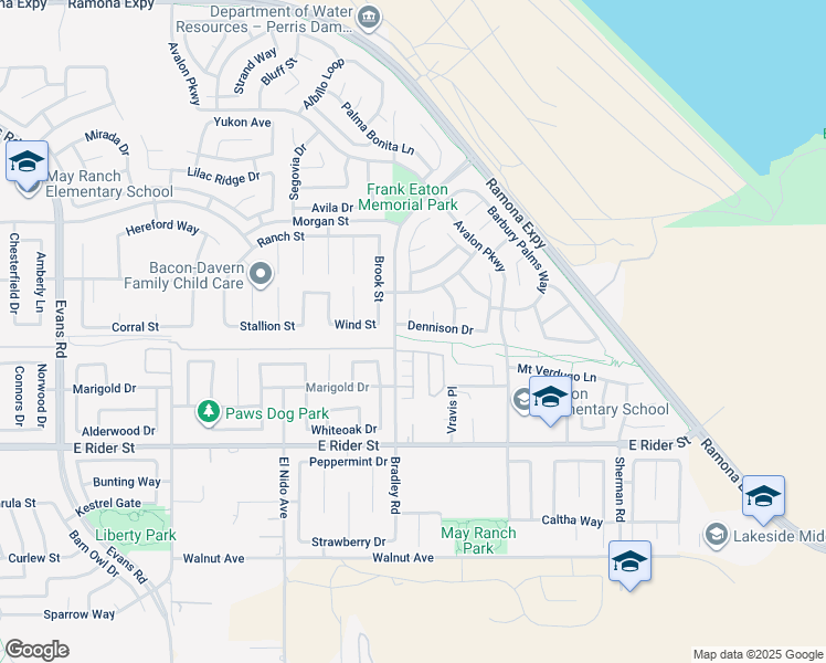 map of restaurants, bars, coffee shops, grocery stores, and more near 1627 Dennison Drive in Perris