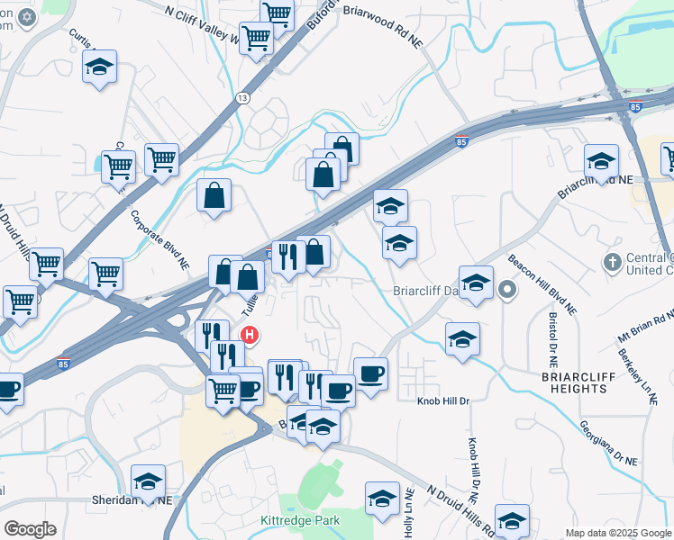 map of restaurants, bars, coffee shops, grocery stores, and more near 1597 Northeast Expressway Northeast in Atlanta