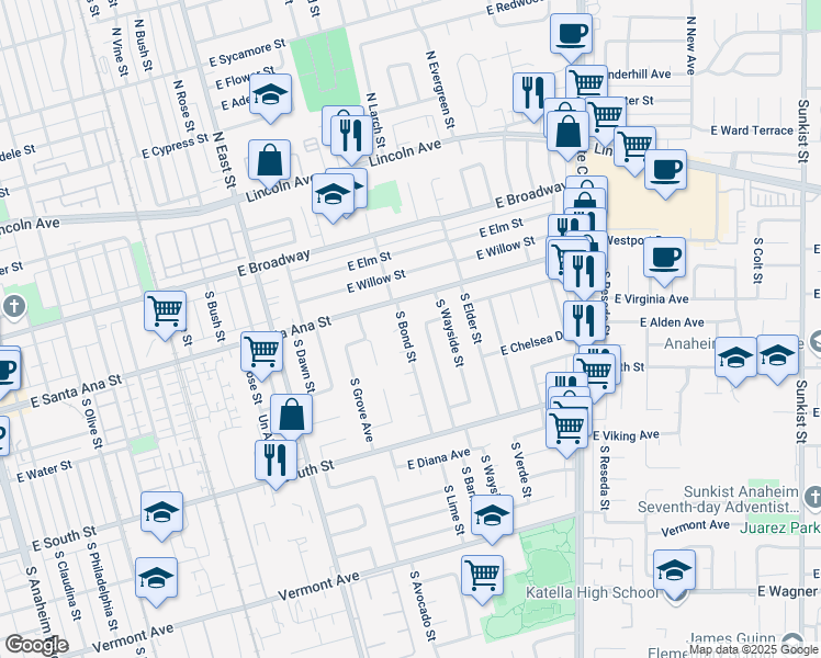 map of restaurants, bars, coffee shops, grocery stores, and more near 529 South Barnett Street in Anaheim