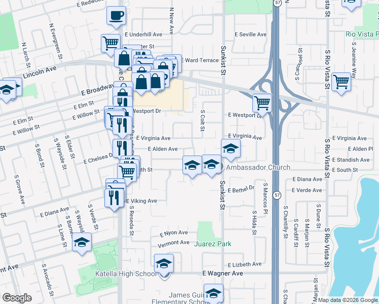 map of restaurants, bars, coffee shops, grocery stores, and more near 2330 East Alden Avenue in Anaheim