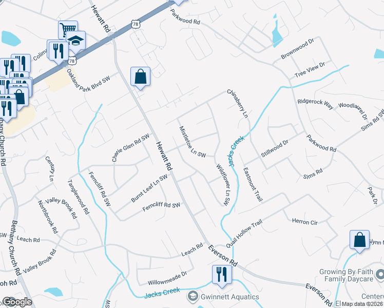 map of restaurants, bars, coffee shops, grocery stores, and more near 2504 Wildflower Lane Southwest in Snellville