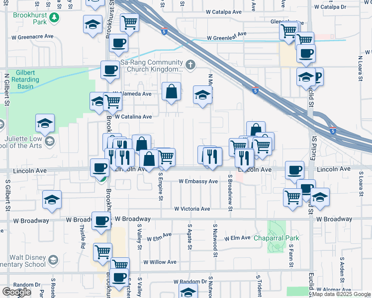 map of restaurants, bars, coffee shops, grocery stores, and more near 202 North Carol Drive in Anaheim