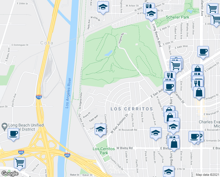 map of restaurants, bars, coffee shops, grocery stores, and more near 4225 North Country Club Drive in Long Beach