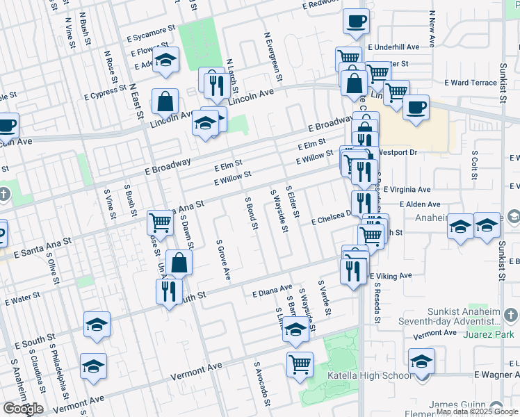 map of restaurants, bars, coffee shops, grocery stores, and more near 529 South Barnett Street in Anaheim