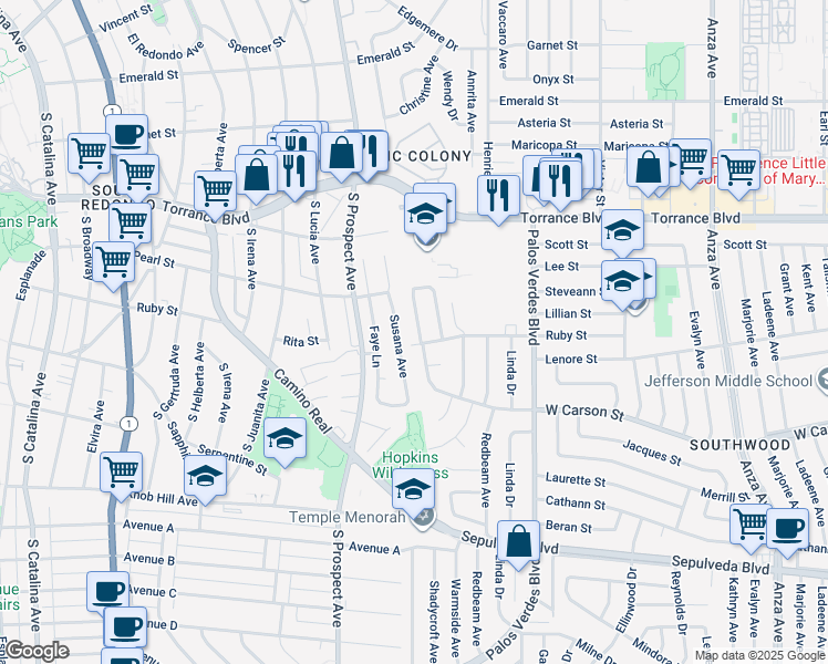 map of restaurants, bars, coffee shops, grocery stores, and more near 21413 Howard Avenue in Torrance