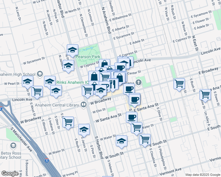 map of restaurants, bars, coffee shops, grocery stores, and more near S Lemon St & Center Street Promenade in Anaheim