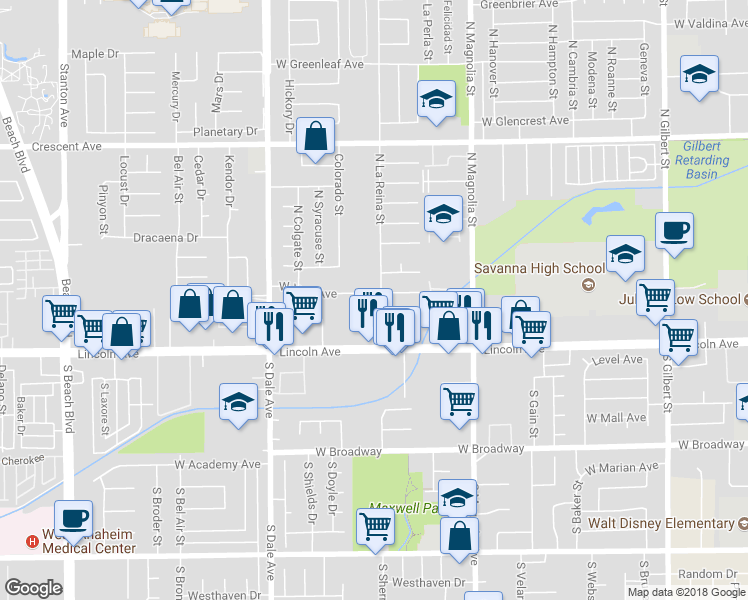 map of restaurants, bars, coffee shops, grocery stores, and more near 2706 West Yale Avenue in Anaheim