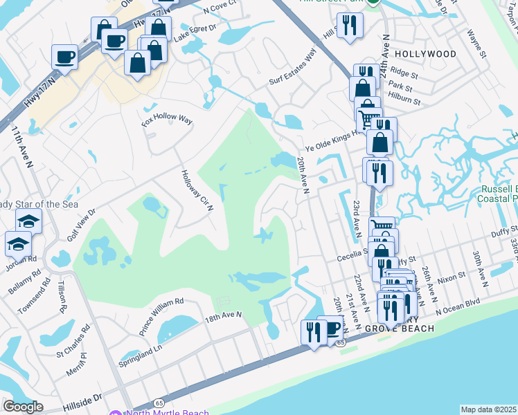 map of restaurants, bars, coffee shops, grocery stores, and more near 42A 20th Avenue North in North Myrtle Beach