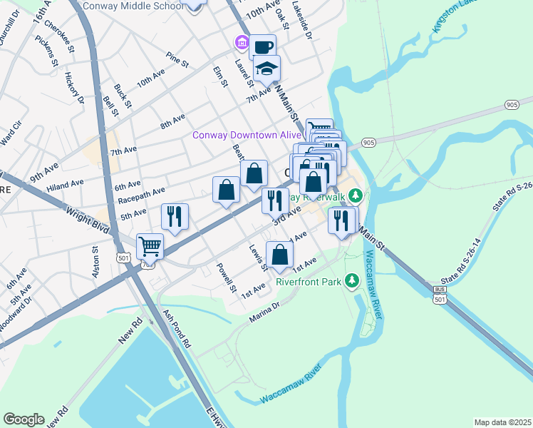 map of restaurants, bars, coffee shops, grocery stores, and more near 1308 3rd Avenue in Conway