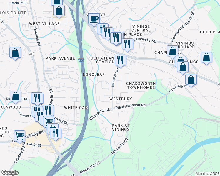 map of restaurants, bars, coffee shops, grocery stores, and more near 2556 Longcourt Circle in Smyrna