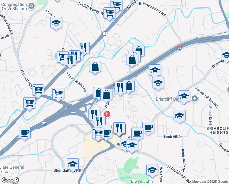 map of restaurants, bars, coffee shops, grocery stores, and more near 1786 Tullie Circle Northeast in Atlanta