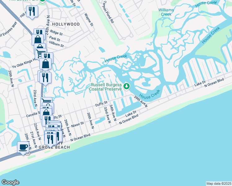 map of restaurants, bars, coffee shops, grocery stores, and more near 409 35th Avenue North in North Myrtle Beach