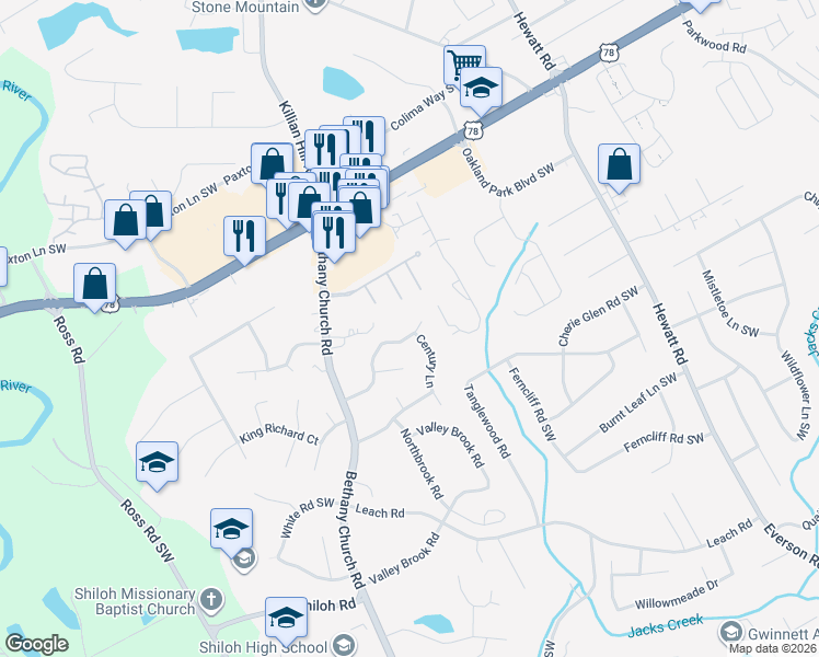 map of restaurants, bars, coffee shops, grocery stores, and more near 4033 Overland Trail Southwest in Snellville