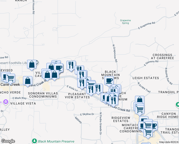 map of restaurants, bars, coffee shops, grocery stores, and more near 6849 East Stevens Road in Cave Creek