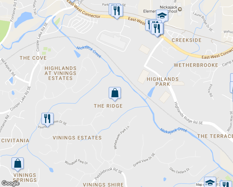 map of restaurants, bars, coffee shops, grocery stores, and more near 534 Vinings Estates Drive Southeast in Mableton