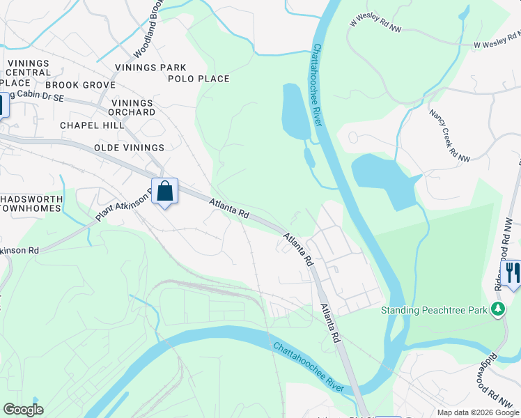 map of restaurants, bars, coffee shops, grocery stores, and more near 1445 Elizabeth Lane Southeast in Smyrna