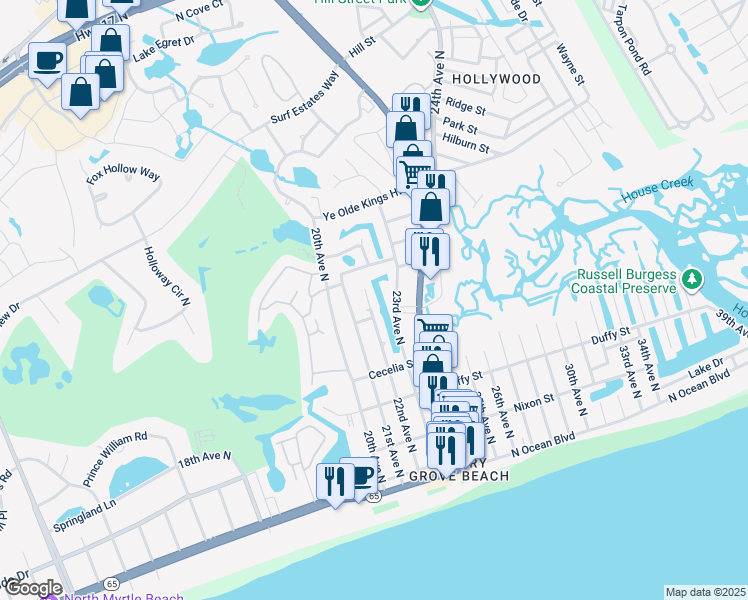 map of restaurants, bars, coffee shops, grocery stores, and more near 606 22nd Ave N in North Myrtle Beach