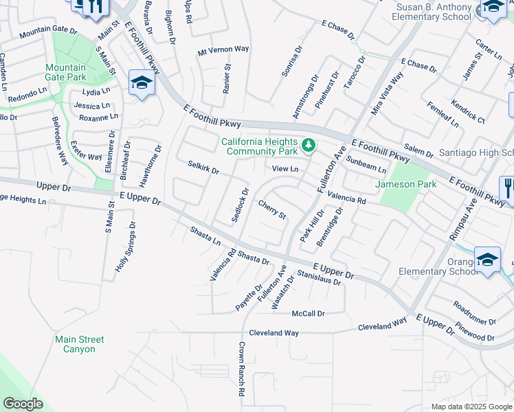 map of restaurants, bars, coffee shops, grocery stores, and more near 606 Cherry Street in Corona