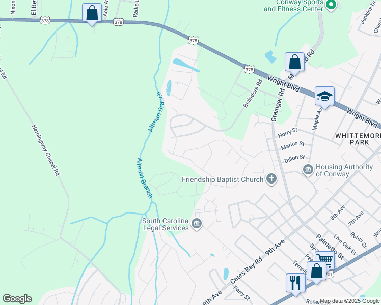 map of restaurants, bars, coffee shops, grocery stores, and more near 1821 Heirloom Drive in Conway