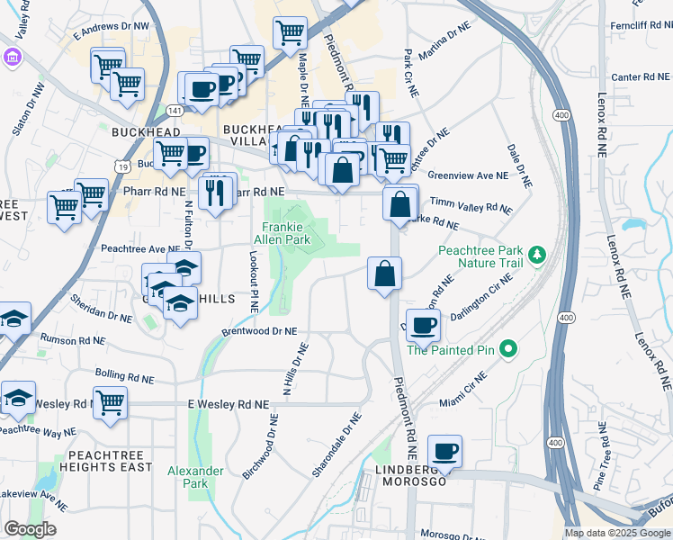 map of restaurants, bars, coffee shops, grocery stores, and more near 2896 North Hills Drive Northeast in Atlanta