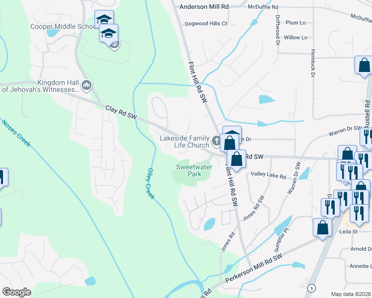 map of restaurants, bars, coffee shops, grocery stores, and more near 2445 Wingfield Drive Southwest in Austell