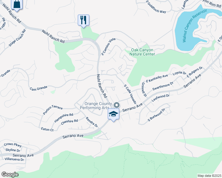 map of restaurants, bars, coffee shops, grocery stores, and more near 6584 East Paseo Diego in Anaheim