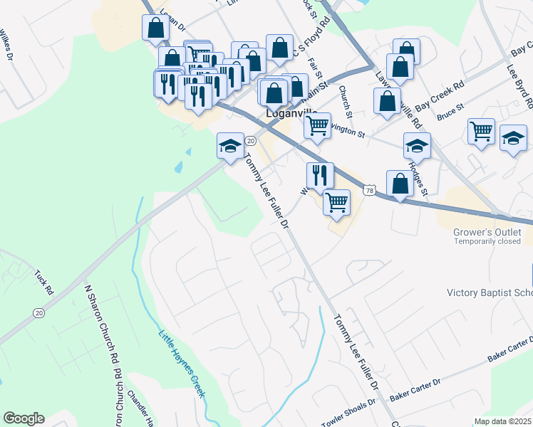 map of restaurants, bars, coffee shops, grocery stores, and more near 100 Alexander Crossing in Loganville