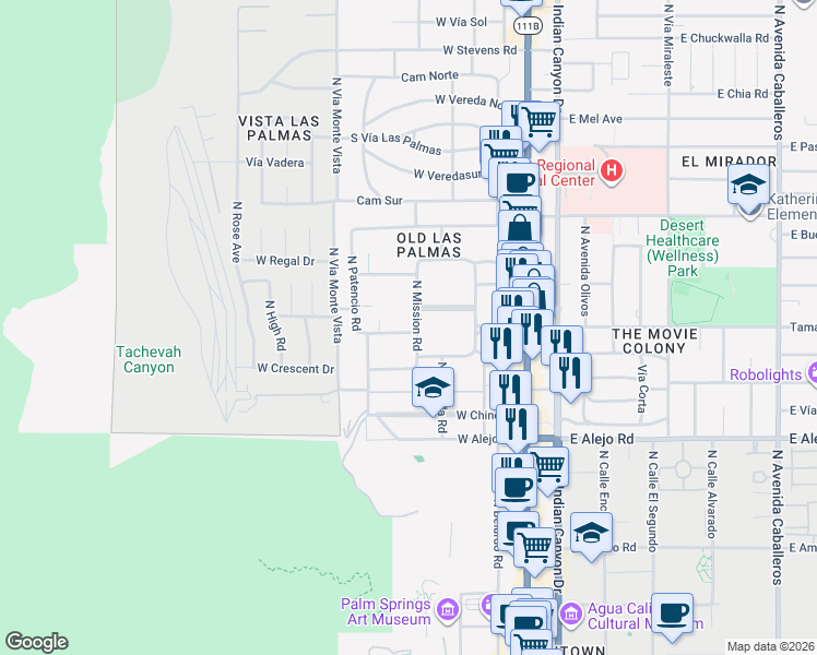 map of restaurants, bars, coffee shops, grocery stores, and more near 811 North Mission Road in Palm Springs