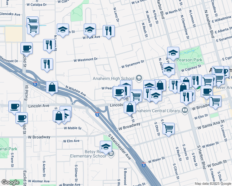 map of restaurants, bars, coffee shops, grocery stores, and more near 208 North Carleton Avenue in Anaheim