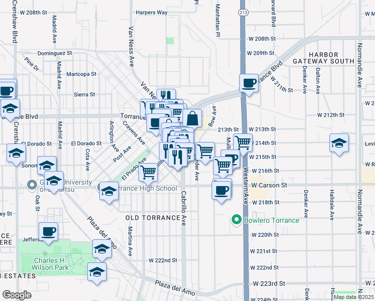 map of restaurants, bars, coffee shops, grocery stores, and more near 1420 Cabrillo Avenue in Torrance