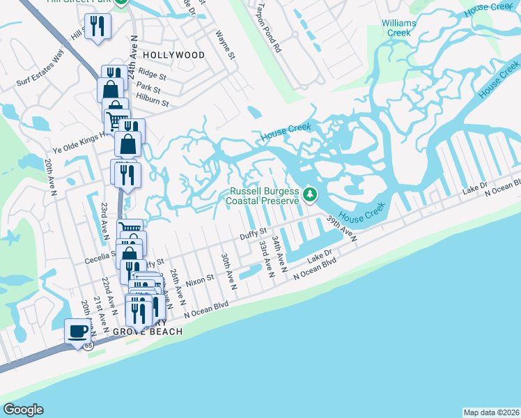 map of restaurants, bars, coffee shops, grocery stores, and more near 414 33rd Avenue North in North Myrtle Beach