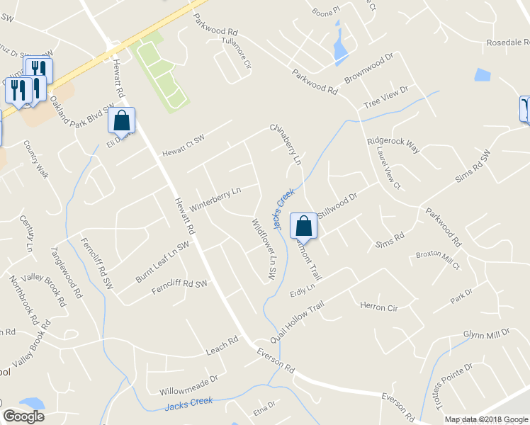map of restaurants, bars, coffee shops, grocery stores, and more near 2915 Wildflower Lane Southwest in Snellville