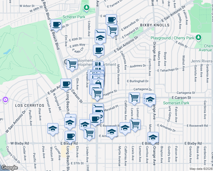 map of restaurants, bars, coffee shops, grocery stores, and more near 4260 Lime Avenue in Long Beach