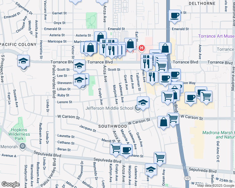 map of restaurants, bars, coffee shops, grocery stores, and more near 21426 Marjorie Avenue in Torrance