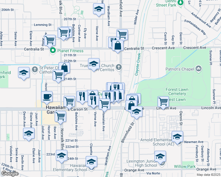 map of restaurants, bars, coffee shops, grocery stores, and more near 21444 Wardham Avenue in Lakewood